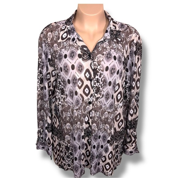 Vintage 3X Josephine Chaus Black Ivory Print Long Sleeve Stretch Geometric Print - Picture 1 of 12